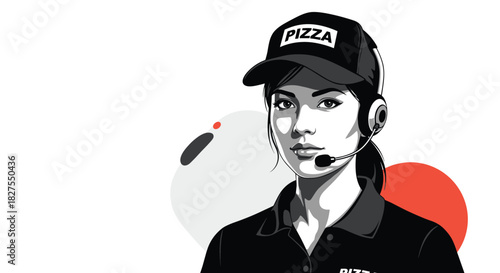 A dedicated young woman working in pizza customer service, wearing a uniform and headset, depicted in a stylish monochrome illustration with subtle abstract background elements.