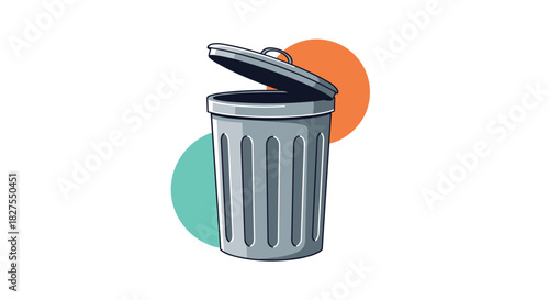 An illustration of a gray trash can with its lid open, set against a simple background of two colored circles, symbolizing waste and disposal.