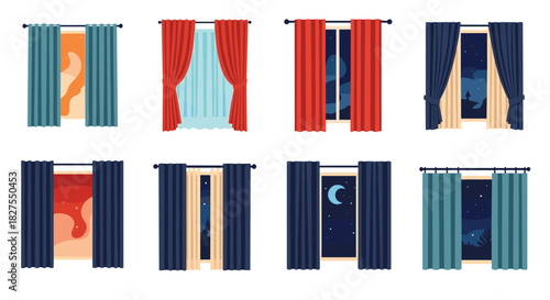Set of vibrant illustrations showcasing diverse window views with various curtain styles and colors, depicting scenes from bright day to dark night.