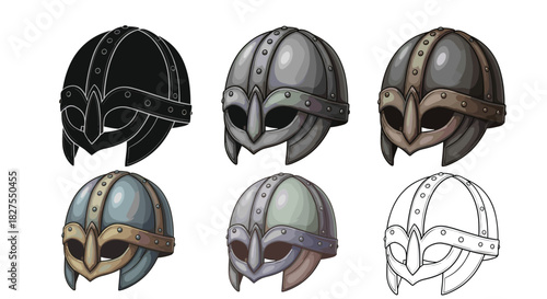 Detailed illustrations of ancient Norse spectacle helmets in various styles and colors, including a black silhouette and line art, for historical or fantasy themes.