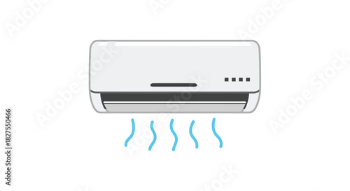 A simple illustration of a white wall-mounted air conditioner unit releasing cool blue air, depicting climate control and comfort.