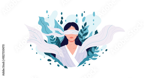 A blindfolded woman with flowing white fabric and vibrant blue foliage, symbolizing introspection and the journey within.