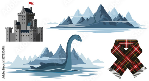 Digital illustration depicting iconic Scottish symbols: a castle, mountains, the Loch Ness Monster, and a traditional tartan scarf.