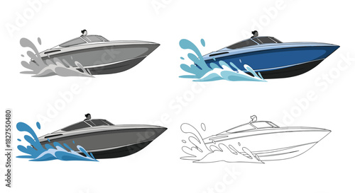 Multiple illustrations featuring a speed boat with splashing water, depicted in full color and as a black and white outline drawing.
