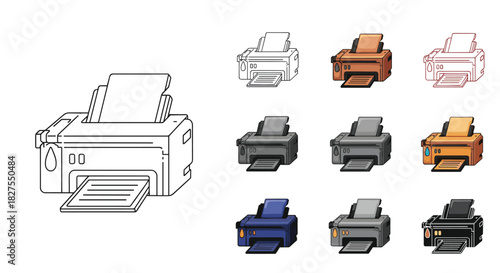 A detailed outline illustration of an inkjet printer next to a grid of various pixel art printer icons in different colors and styles.
