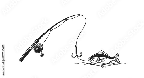 A detailed black and white illustration of a fishing rod with a reel, a hook dangling, and a fish swimming in the water.
