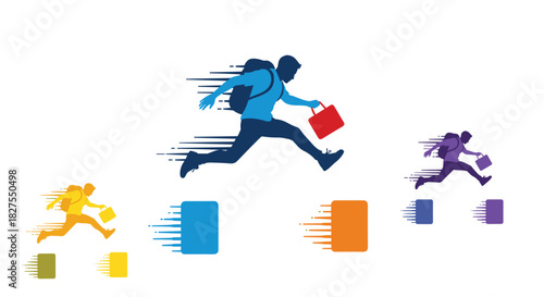 A person with a backpack and briefcase jumps over obstacles, symbolizing fast progress and overcoming challenges in business or travel.