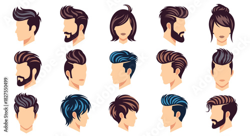 Diverse pixel art collection of male and female head illustrations showcasing various modern hairstyles, haircuts, and facial hair.