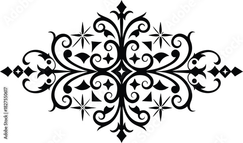 Elegant black ornamental flourish with symmetrical floral and starburst elements