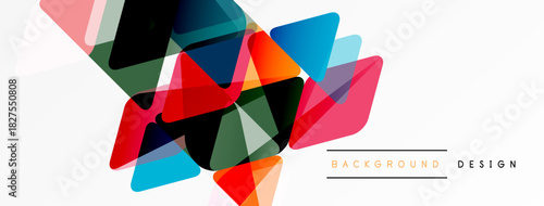 Abstract geometric shapes overlap, creating vibrant colorful design. White space dominates bottom portion. Modern aesthetic.