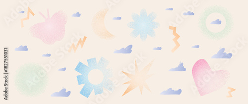 Colorful y2k shapes with grain noise gradient set. Y2k stippling flower, heart, basic forms. Butterfly, moon, circle, heart and star icons isolated on beige background. Vector pastel illustration.