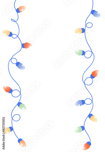 Christmas garland vertical strings with colorful lights on white background. Celebration vector template with empty space for text. Trendy stock illustration
