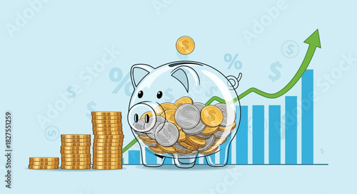 Piggy bank full of coins with growth chart, investment and savings concept