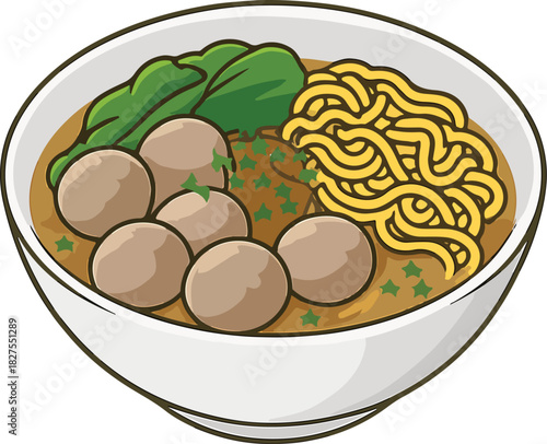 Cartoon Bowl of Meatball Noodle Soup