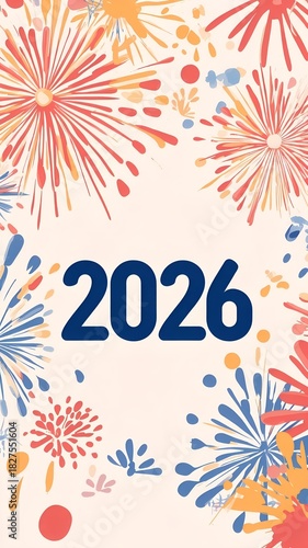 colorful fireworks behind bold 2026 text on pastel gradient background, modern festive vector banner