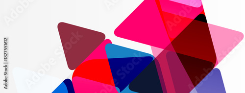 Abstract geometric shapes overlap, creating vibrant color blocks. Pink, red, blue hues dominate white background. Modern design.