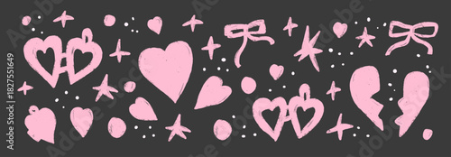 Crayon hearts and love symbols set. Locket bow and stars chalk crayon pink shapes. Breaking hearts, bowknot for valentine, craft projects on dark background. Vector naive crayon bg illustration.