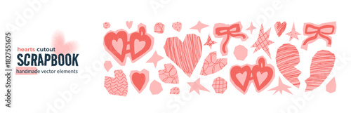 Paper heart cutouts for love and scrapbook pattern. Collage with sticker icons and locket shape. Ideal for valentine crafts with a torn and textured feel. Vector naive hearts sticker cut outs scrap.