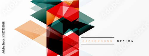 Abstract geometric shapes overlap, creating dynamic composition. Red, green, black hues dominate white background. Modern design element.