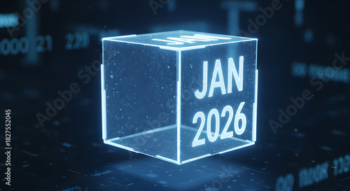 A glowing blue holographic cube displaying the date January 2026, symbolizing future events and technological advancement in a digital environment