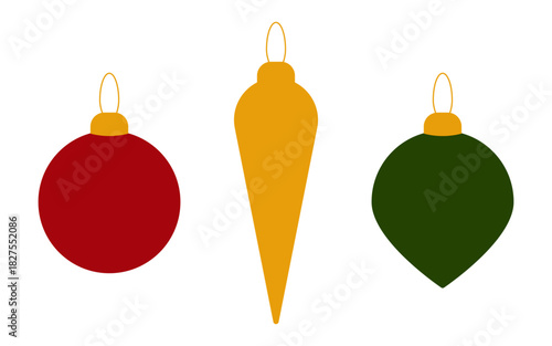 A set of Christmas decorations isolated on a white or transparent background. Vector illustration. Red and green balls and a yellow icicle. Close-up elements for New Year's design.