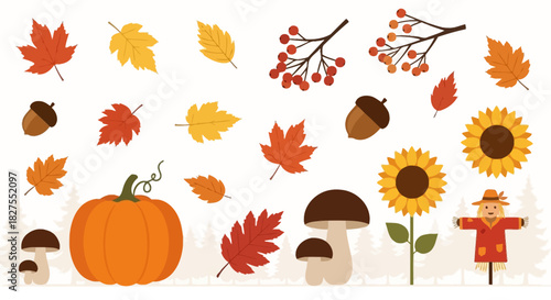 Autumn harvest with pumpkin, sunflower, mushrooms, leaves