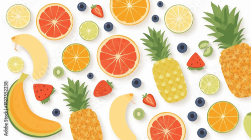 A vibrant assortment of fresh fruits, including pineapple, grapefruit, strawberries, and blueberries, arranged on a white background.