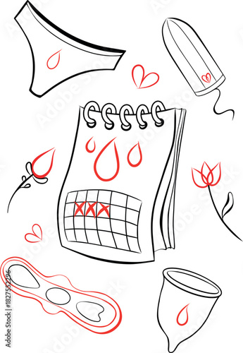 Menstruation and Feminine Hygiene Set Vector Line Art: Period Calendar and Protection Products Collection.eps