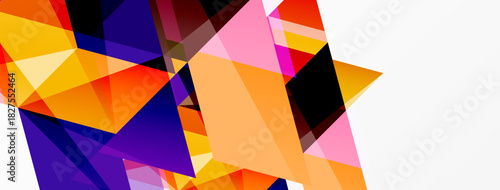 Abstract geometric shapes overlap, creating vibrant color blocks. Orange, purple, pink dominate composition. Minimalist design.