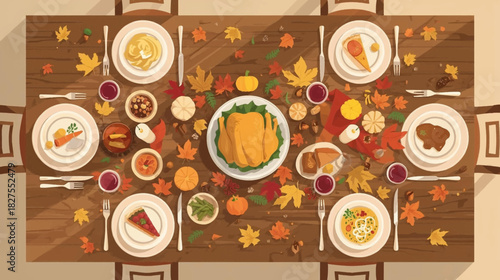 An overhead view of a Thanksgiving dinner table set with traditional dishes, fall leaves, and a roasted turkey, ready for a festive feast.