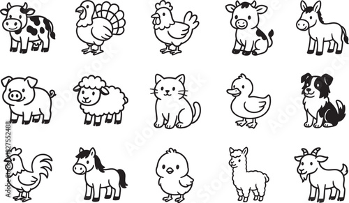 An array of meticulously crafted farm animals, from adorable cows and chicks to charming sheep, pigs, and cats, are depicted in a unified line drawing style.