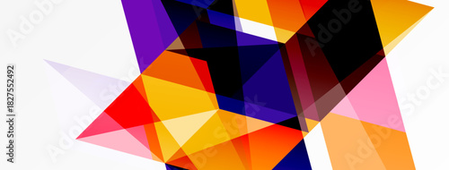 Abstract geometric shapes overlap, creating vibrant color contrasts. Composition feels dynamic, modern, energetic.