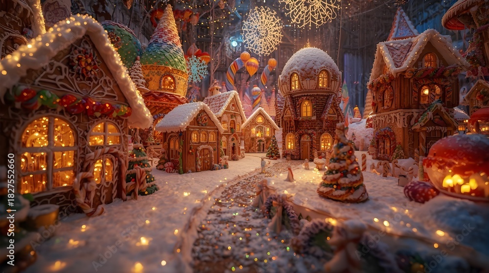 Fototapeta premium Candy Town Christmas Village With Rainbow Gingerbread Houses