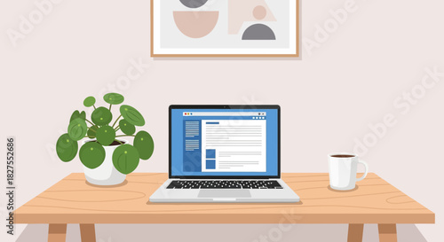 Laptop on a wooden desk with a plant and a cup of coffee in the office