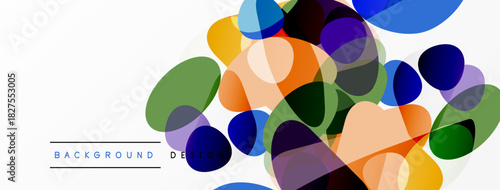 Abstract colorful shapes overlap white space. Modern design elements create dynamic visual texture. Background includes text labels.