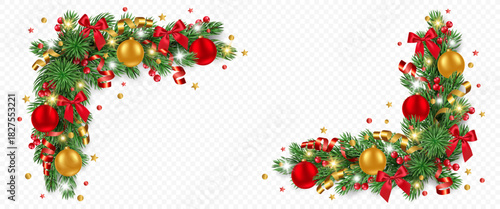 Vector pine tree garland with golden and red Christmas balls, confetti, ribbons, berries and lights isolated on a transparent background. Holiday Christmas tree border for winter decor.