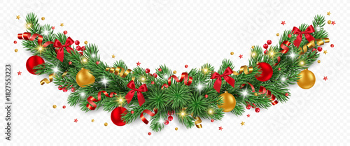 Vector pine tree garland with golden and red Christmas balls, confetti, ribbons, berries and lights isolated on a transparent background. Holiday Christmas tree border for winter decor.