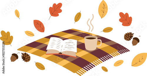 Cozy autumn picnic composition with plaid blanket open book and hot coffee cup surrounded by falling leaves vector illustration