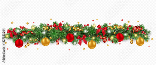 Vector pine tree garland with golden and red Christmas balls, confetti, ribbons, berries and lights isolated on a transparent background. Holiday Christmas tree border for winter decor.