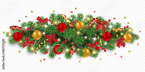 Vector pine tree garland with golden and red Christmas balls, confetti, ribbons, berries and lights isolated on a transparent background. Holiday Christmas tree border for winter decor.