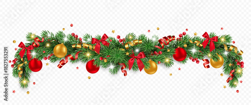 Vector pine tree garland with golden and red Christmas balls, confetti, ribbons, berries and lights isolated on a transparent background. Holiday Christmas tree border for winter decor.
