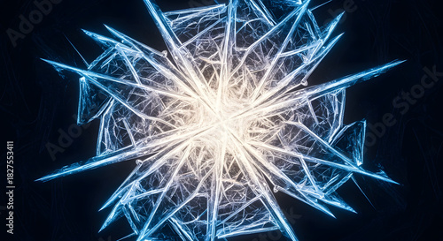 Mesmerizing abstract glowing starburst, a complex digital fractal art piece showcasing intricate crystalline patterns radiating blue and white futuristic energy and technology