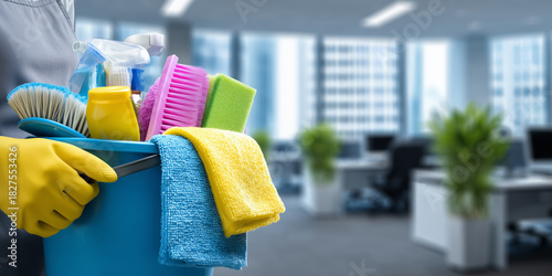 Workplace hygiene tools cleaning supplies arrangement
