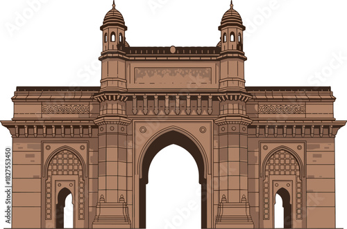 Gateway of India monument in Mumbai showcasing Indo-Saracenic architecture with domed turrets, central arch, and colonial heritage symbolism.