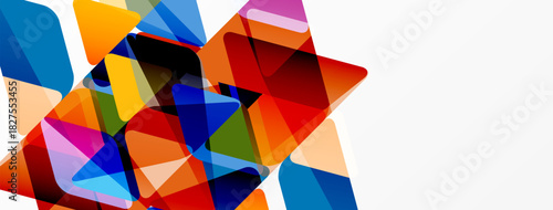 Abstract colorful shapes overlap, creating dynamic composition. Bright hues contrast with white space. Modern design element.