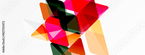 Abstract composition. Overlapping translucent shapes create dynamic visual effect. Colors include red, orange, pink, green, black. Minimalist design.