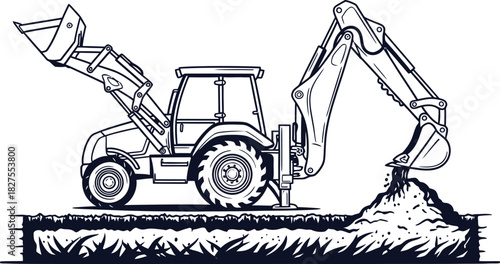 Line art illustration of a backhoe loader digging a trench with dirt flying on a white background
