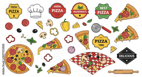 Hand drawn pizza set with ingredients