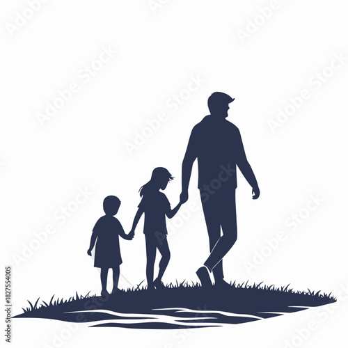 Father walking hand in hand with his two children through grassy field near water silhouette