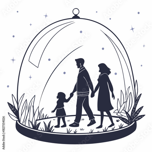 Silhouette of a loving family walking hand in hand inside a glass dome surrounded by stars and plants